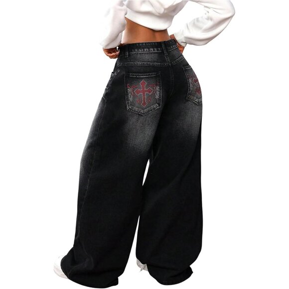 Pants - Women's Y2K Baggy Jeans Low Waist Cross Print Wide Leg Denim Pants